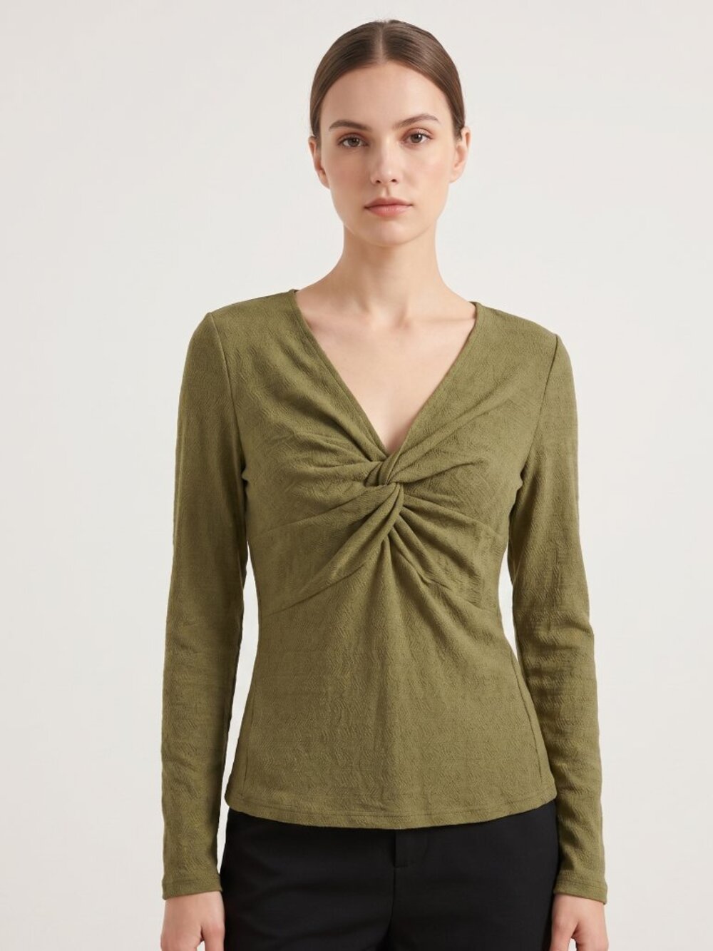 NWT | Dokotoo Olive Green Textured Twist Front V-Neck Long Sleeve Top Medium
